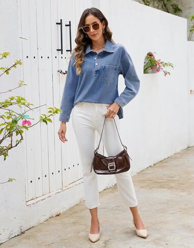 Denim Tops for Women Long Sleeve Denim Shirt Blouses Button Up Pullover Jean Shirt with Pocket in Saudi Arabia