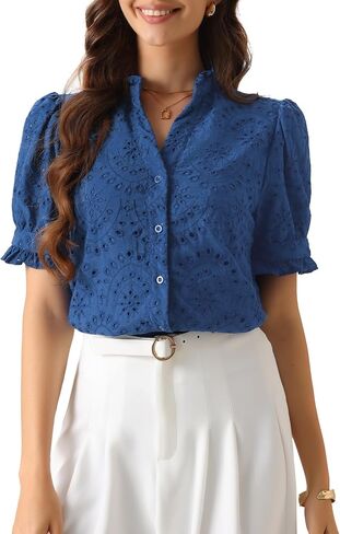 Allegra K Summer Tops for Women's Dressy Short Sleeve V Neck Buttons Hollow Out Embroidered Blouses Shirts in Saudi Arabia