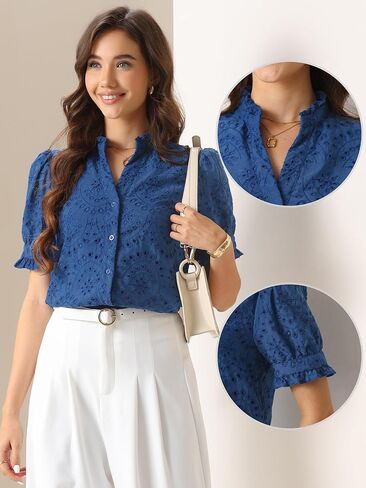 Allegra K Summer Tops for Women's Dressy Short Sleeve V Neck Buttons Hollow Out Embroidered Blouses Shirts in Saudi Arabia