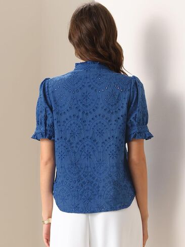 Allegra K Summer Tops for Women's Dressy Short Sleeve V Neck Buttons Hollow Out Embroidered Blouses Shirts in Saudi Arabia