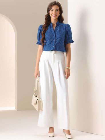 Allegra K Summer Tops for Women's Dressy Short Sleeve V Neck Buttons Hollow Out Embroidered Blouses Shirts in Saudi Arabia