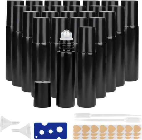 10ML Glass Essential Oil Roller Bottles,24 Pack black Oil Roller Bottles for Essential Oils, refillable rollerball bottle(24 Labels, Opener, Funnel, Dropper Included) in Kuwait