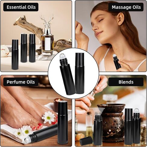 10ML Glass Essential Oil Roller Bottles,24 Pack black Oil Roller Bottles for Essential Oils, refillable rollerball bottle(24 Labels, Opener, Funnel, Dropper Included) in Kuwait