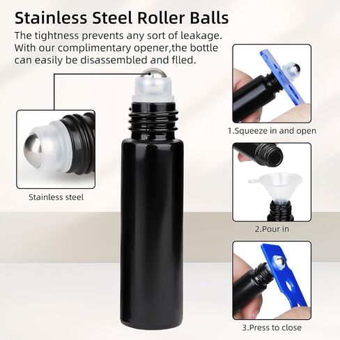 10ML Glass Essential Oil Roller Bottles,24 Pack black Oil Roller Bottles for Essential Oils, refillable rollerball bottle(24 Labels, Opener, Funnel, Dropper Included) in Kuwait
