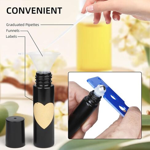 10ML Glass Essential Oil Roller Bottles,24 Pack black Oil Roller Bottles for Essential Oils, refillable rollerball bottle(24 Labels, Opener, Funnel, Dropper Included) in Kuwait