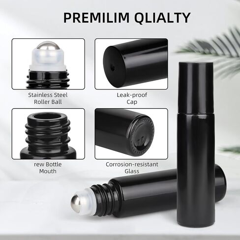 10ML Glass Essential Oil Roller Bottles,24 Pack black Oil Roller Bottles for Essential Oils, refillable rollerball bottle(24 Labels, Opener, Funnel, Dropper Included) in Kuwait