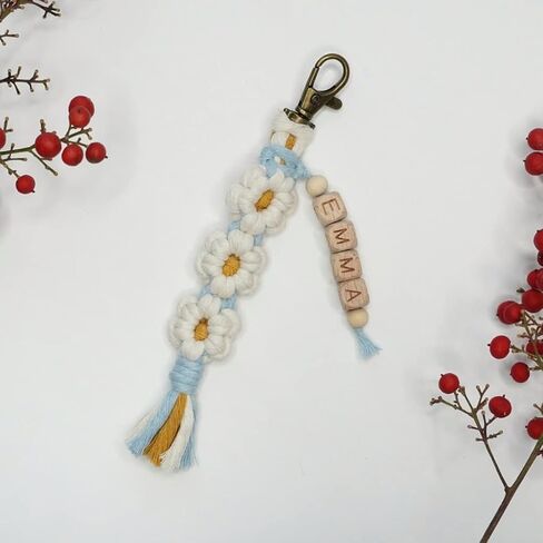 Personalized Keychain Custom Name Macrame Daisy Flower Keychain Boho Handmade Charms Tassel Accessories for Car Key Purse Backpack Gift for Party Favors Bridal Shower Gift for Women Girls (Oatmeal) in Saudi Arabia