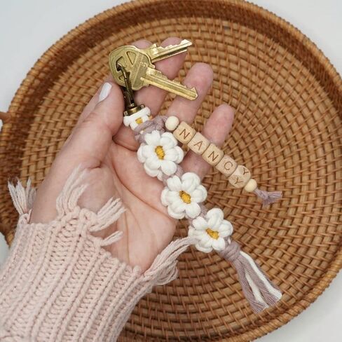 Personalized Keychain Custom Name Macrame Daisy Flower Keychain Boho Handmade Charms Tassel Accessories for Car Key Purse Backpack Gift for Party Favors Bridal Shower Gift for Women Girls (Oatmeal) in Saudi Arabia