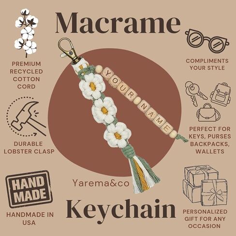 Personalized Keychain Custom Name Macrame Daisy Flower Keychain Boho Handmade Charms Tassel Accessories for Car Key Purse Backpack Gift for Party Favors Bridal Shower Gift for Women Girls (Oatmeal) in Saudi Arabia