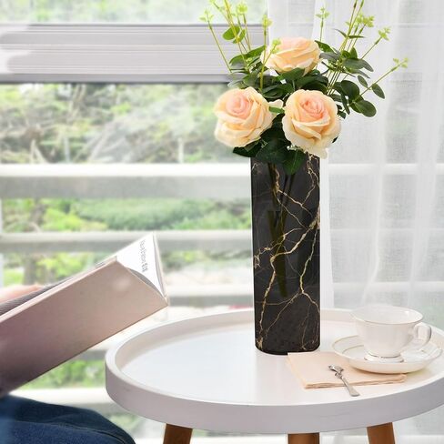 Flower Vase for Centerpieces, Black White Gold Marble Print Plastic Cylinder Vase, Clear Bud Vases for Home Wedding Office Table Decor in Saudi Arabia