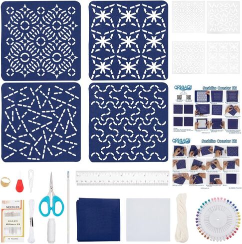 ORIGACH 4 Pcs Sashiko Template Coaster kit for Beginners Adults, All-in-one Sashiko Kit with Acrylic Sashiko Stencil, Needle, Thread, Cloth Instuction Accessories for DIY Coaster in Saudi Arabia