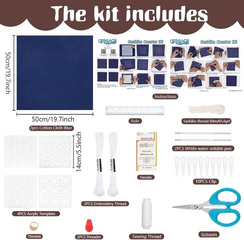 ORIGACH 4 Pcs Sashiko Template Coaster kit for Beginners Adults, All-in-one Sashiko Kit with Acrylic Sashiko Stencil, Needle, Thread, Cloth Instuction Accessories for DIY Coaster in Saudi Arabia