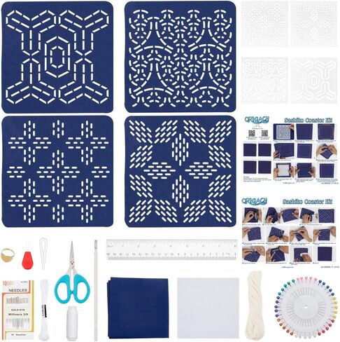 ORIGACH 4 Pcs Sashiko Template Coaster kit for Beginners Adults, All-in-one Sashiko Kit with Acrylic Sashiko Stencil, Needle, Thread, Cloth Instuction Accessories for DIY Coaster in Saudi Arabia