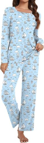 Andyeder Women's 2 قطعة الخريف pajama مجموعة مربعة رقبة طويلة الأكمام طويلة pjs صالة السراويل مع جيوب in Kuwait