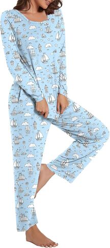 Andyeder Women's 2 قطعة الخريف pajama مجموعة مربعة رقبة طويلة الأكمام طويلة pjs صالة السراويل مع جيوب in Kuwait