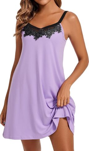 Women's Cami Nightgown, Floral Print & Solid Color Sleep Dress, Lace - Trimmed Spaghetti Strap Nightwear in Saudi Arabia