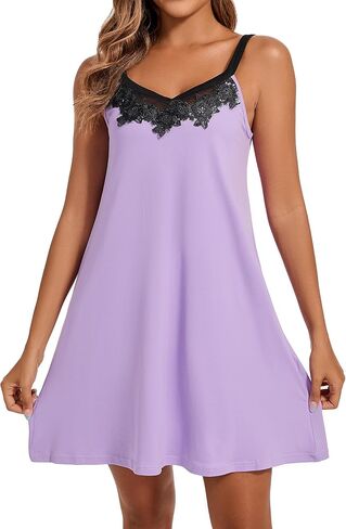 Women's Cami Nightgown, Floral Print & Solid Color Sleep Dress, Lace - Trimmed Spaghetti Strap Nightwear in Saudi Arabia
