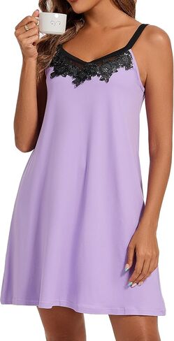 Women's Cami Nightgown, Floral Print & Solid Color Sleep Dress, Lace - Trimmed Spaghetti Strap Nightwear in Saudi Arabia