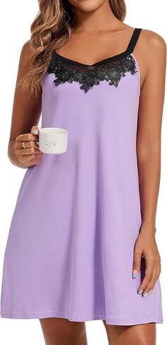 Women's Cami Nightgown, Floral Print & Solid Color Sleep Dress, Lace - Trimmed Spaghetti Strap Nightwear in Saudi Arabia