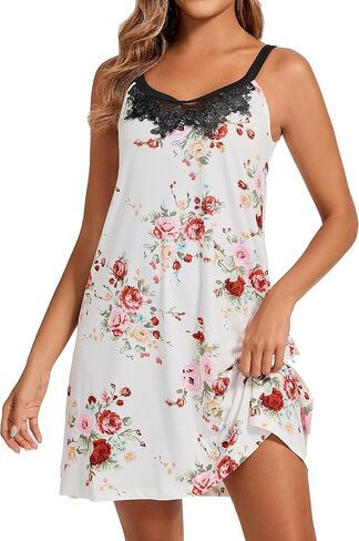 Women's Cami Nightgown, Floral Print & Solid Color Sleep Dress, Lace - Trimmed Spaghetti Strap Nightwear in Saudi Arabia