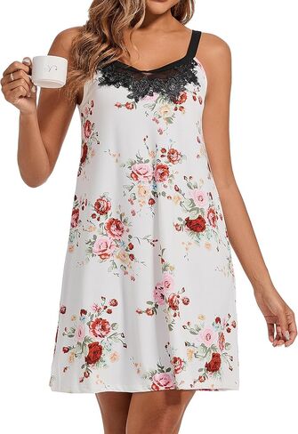 Women's Cami Nightgown, Floral Print & Solid Color Sleep Dress, Lace - Trimmed Spaghetti Strap Nightwear in Saudi Arabia