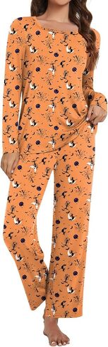 Andyeder Women's 2 قطعة الخريف pajama مجموعة مربعة رقبة طويلة الأكمام طويلة pjs صالة السراويل مع جيوب in Kuwait