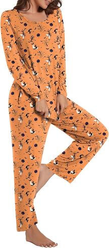 Andyeder Women's 2 قطعة الخريف pajama مجموعة مربعة رقبة طويلة الأكمام طويلة pjs صالة السراويل مع جيوب in Kuwait