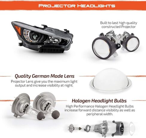 AKKON - Fits 2014-2022 InFiniti Q50 w/o AFS LED Projector Chrome Clear Headlights Pair Driver Left + Passenger Right in Saudi Arabia