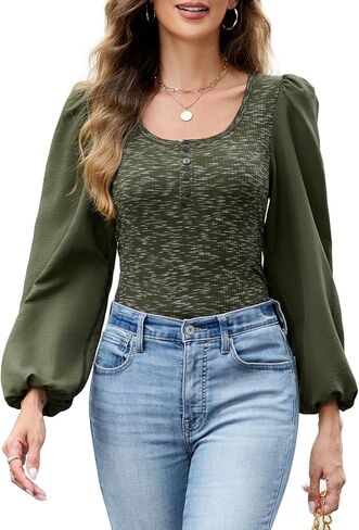 HEYTALALA Womens Puff Long Sleeve Tunic Tops Button Down Square Neck Blouse Loose Fit Basic T Shirt Elegant Tee Shirts in Kuwait