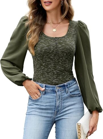 HEYTALALA Womens Puff Long Sleeve Tunic Tops Button Down Square Neck Blouse Loose Fit Basic T Shirt Elegant Tee Shirts in Kuwait
