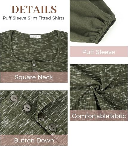 HEYTALALA Womens Puff Long Sleeve Tunic Tops Button Down Square Neck Blouse Loose Fit Basic T Shirt Elegant Tee Shirts in Kuwait