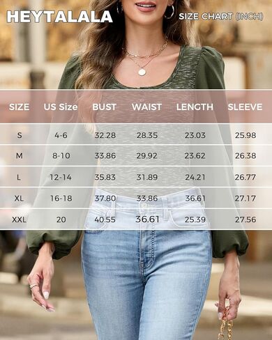 HEYTALALA Womens Puff Long Sleeve Tunic Tops Button Down Square Neck Blouse Loose Fit Basic T Shirt Elegant Tee Shirts in Kuwait