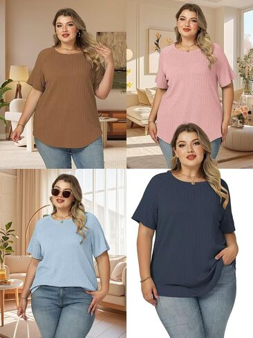 VISLILY Womens-Plus-Size-Summer-Tops Casual Crew Neck Lightweight Shirts Trendy Knit Tunic Basic Short Sleeve Blouses XL-5XL in Saudi Arabia