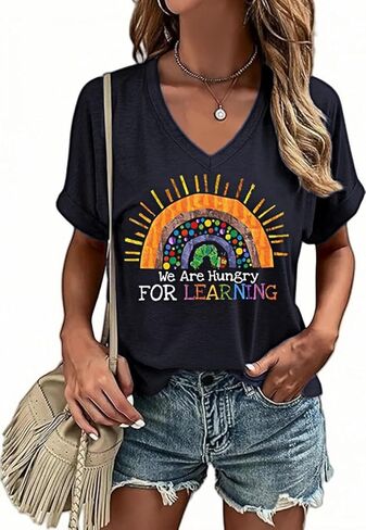 Happy Last Day of School V Neck Shirt Women Teacher Life Graphic Tee School Graduation Tee Appreciation Summer T-Shirt in Kuwait