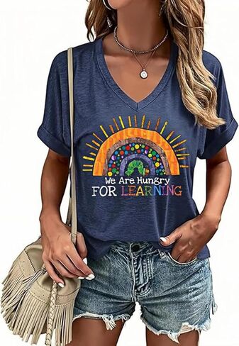 Happy Last Day of School V Neck Shirt Women Teacher Life Graphic Tee School Graduation Tee Appreciation Summer T-Shirt in Kuwait