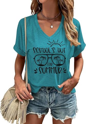 Happy Last Day of School V Neck Shirt Women Teacher Life Graphic Tee School Graduation Tee Appreciation Summer T-Shirt in Kuwait