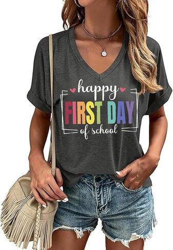 Happy Last Day of School V Neck Shirt Women Teacher Life Graphic Tee School Graduation Tee Appreciation Summer T-Shirt in Kuwait
