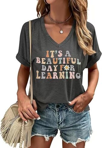 Happy Last Day of School V Neck Shirt Women Teacher Life Graphic Tee School Graduation Tee Appreciation Summer T-Shirt in Kuwait