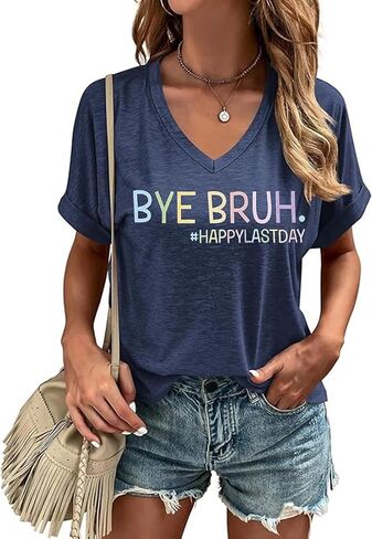 Happy Last Day of School V Neck Shirt Women Teacher Life Graphic Tee School Graduation Tee Appreciation Summer T-Shirt in Kuwait