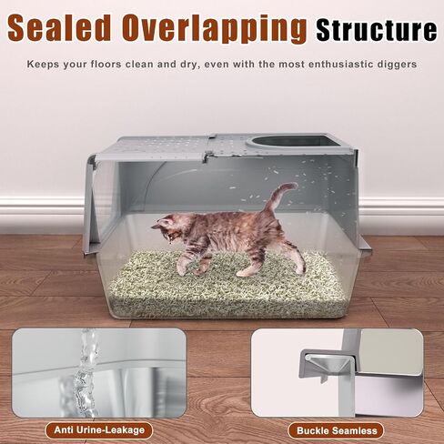 Stainless Steel Cat Litter Box with Lid, 180° Flip Top XL Enclosed Litter Box with Trapping Mat & Metal Scoop, Front Top Dual Entry Steel Extra Large Cat Litter Pan in Saudi Arabia