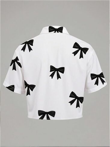 SweatyRocks Women's Bow Print Button Up Blouses Crop Top Collar Short Sleeve Shirts in Saudi Arabia
