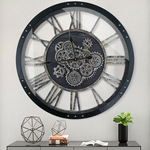 24 Inch Moving Gear Wall Clock, Oversized Wall Clocks, Clock Living Room Decor, Solid Wood Frame, Battery Operated, Large Wall Clock with Steampunk Industrial for Fireplace(Brown) in Saudi Arabia