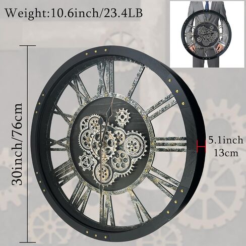 24 Inch Moving Gear Wall Clock, Oversized Wall Clocks, Clock Living Room Decor, Solid Wood Frame, Battery Operated, Large Wall Clock with Steampunk Industrial for Fireplace(Brown) in Saudi Arabia