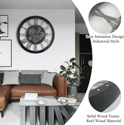 24 Inch Moving Gear Wall Clock, Oversized Wall Clocks, Clock Living Room Decor, Solid Wood Frame, Battery Operated, Large Wall Clock with Steampunk Industrial for Fireplace(Brown) in Saudi Arabia