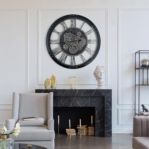 24 Inch Moving Gear Wall Clock, Oversized Wall Clocks, Clock Living Room Decor, Solid Wood Frame, Battery Operated, Large Wall Clock with Steampunk Industrial for Fireplace(Brown) in Saudi Arabia