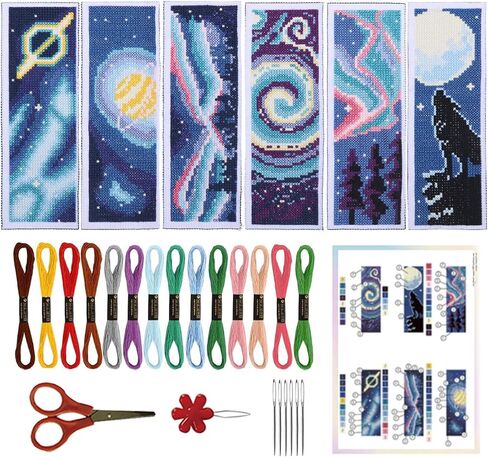 ORIGACH 6 Pcs Cross Stitch Bookmark Kit for Beginner with Backing Felt Floss Instruction Vintage Patterns Background DIY Stamped Embroidery Bookmark Kit for Starter Book Lovers in Saudi Arabia