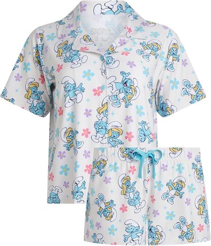 مجموعة Pajama النسائية Smurfs ، شورتات بيجاما مطاطية ناعمة وأكمام قصيرة ، طوق من الدرجة الأولى ، زر أسفل الأعلى in Kuwait