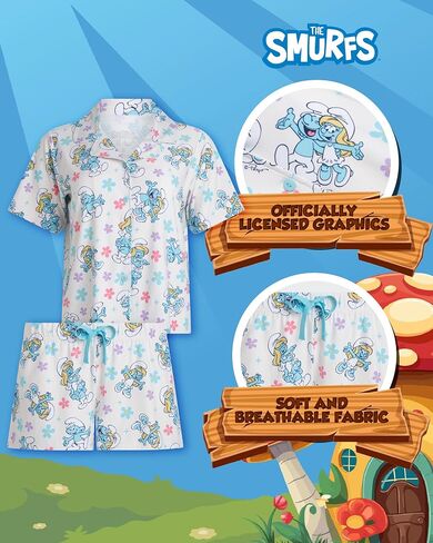 مجموعة Pajama النسائية Smurfs ، شورتات بيجاما مطاطية ناعمة وأكمام قصيرة ، طوق من الدرجة الأولى ، زر أسفل الأعلى in Kuwait