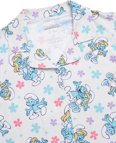 مجموعة Pajama النسائية Smurfs ، شورتات بيجاما مطاطية ناعمة وأكمام قصيرة ، طوق من الدرجة الأولى ، زر أسفل الأعلى in Kuwait