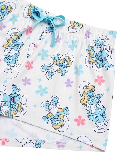 مجموعة Pajama النسائية Smurfs ، شورتات بيجاما مطاطية ناعمة وأكمام قصيرة ، طوق من الدرجة الأولى ، زر أسفل الأعلى in Kuwait